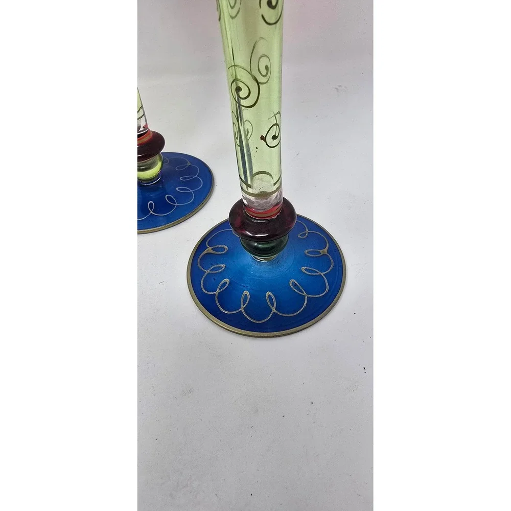 Pier 1 hand painted and blown Champagne flutes Multi Color hollow stem set of‎ 4